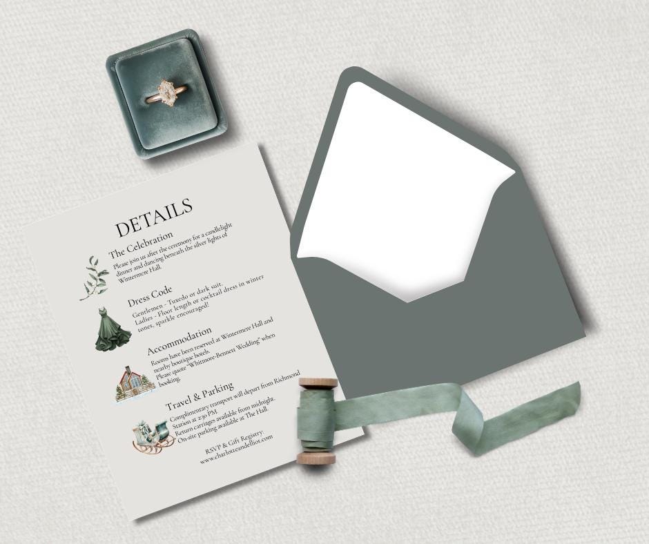 Customisable DIY wedding invitation detail card with festive design.