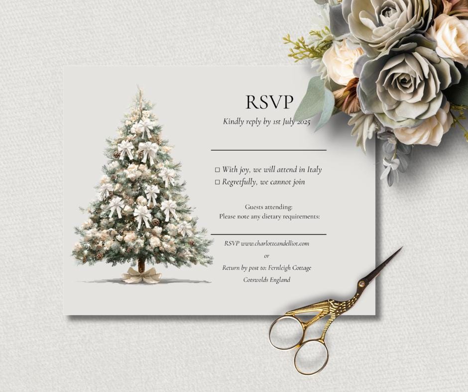 Festive RSVP card template with Christmas tree, perfect for winter wedding invitations.