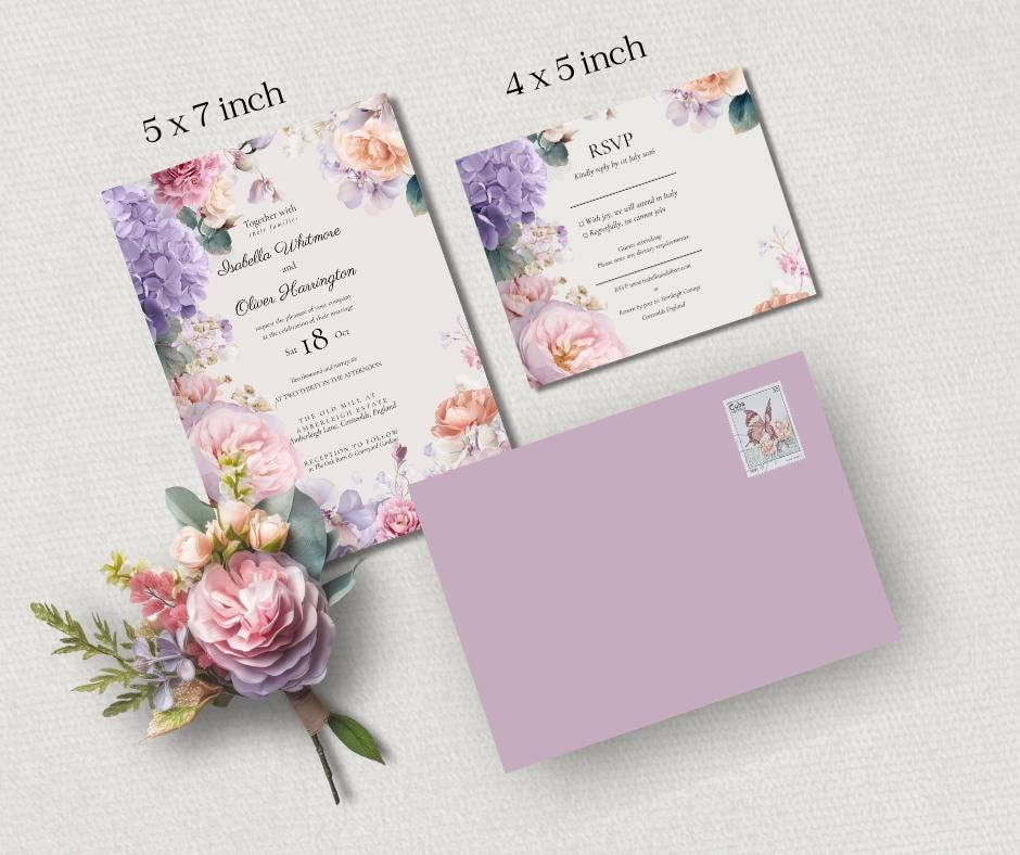 Summer Pastel Wedding Invitation With Printable Template, Romantic And Elegant Wedding Stationery.
