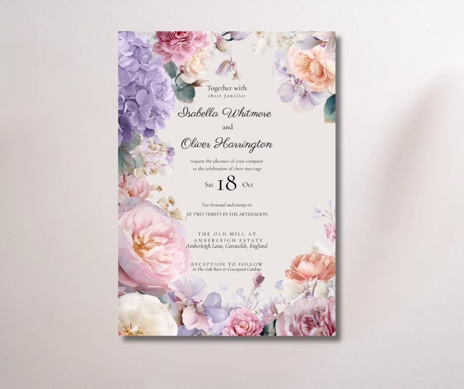 Summer Pastel Wedding Invitation With Printable Template, Romantic And Elegant Wedding Stationery.