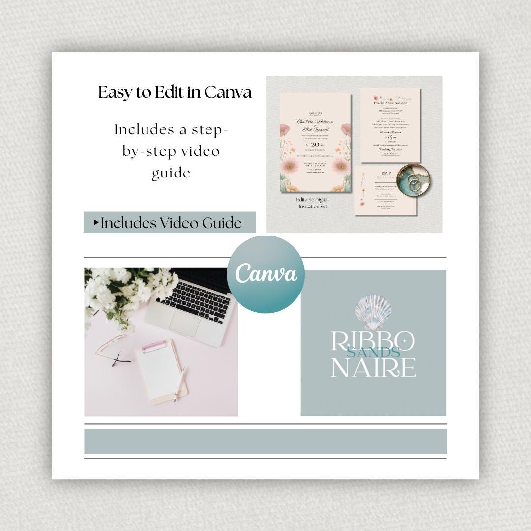 Peach And Green Wedding Invitation Set. Botanical Wedding Invite Suite, Instant Download Templates.