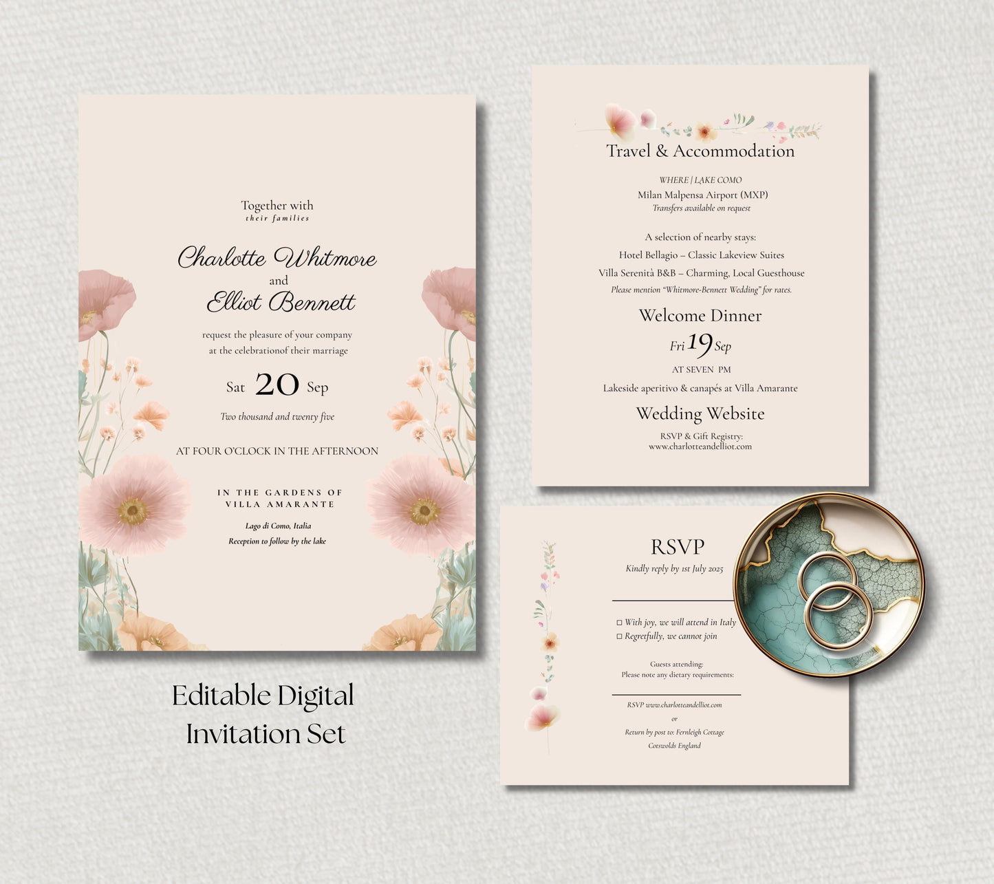 Peach And Green Wedding Invitation Set. Botanical Wedding Invite Suite, Instant Download Templates.