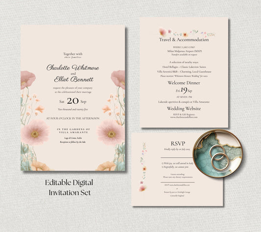 Peach And Green Wedding Invitation Set. Botanical Wedding Invite Suite, Instant Download Templates.