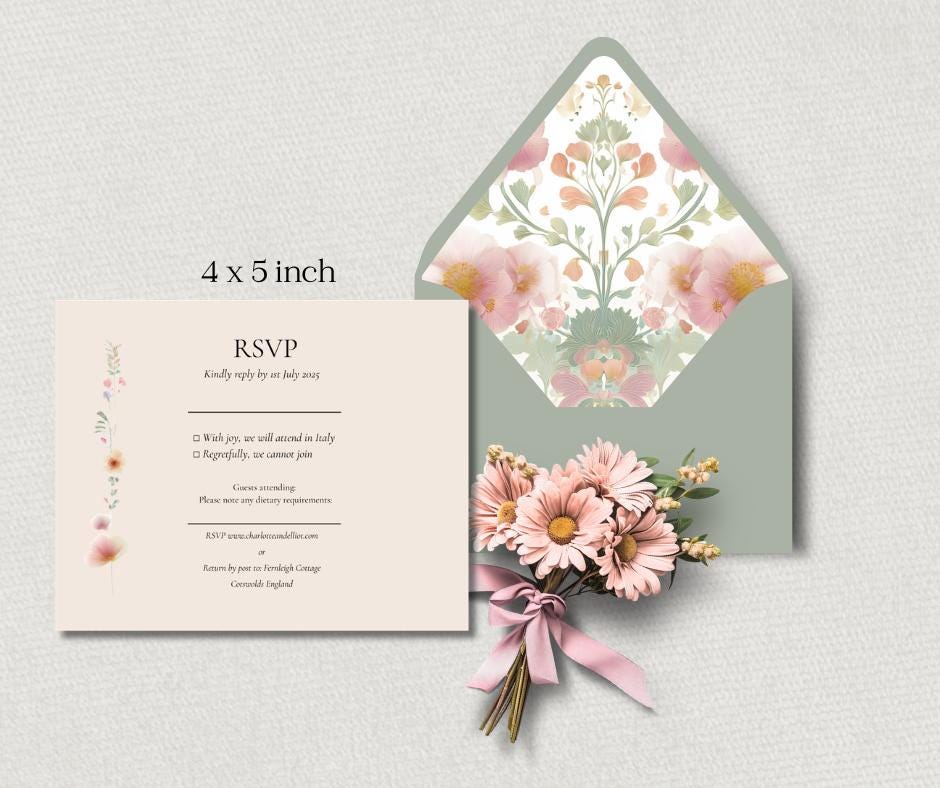 Peach And Green Wedding Invitation Set. Botanical Wedding Invite Suite, Instant Download Templates.