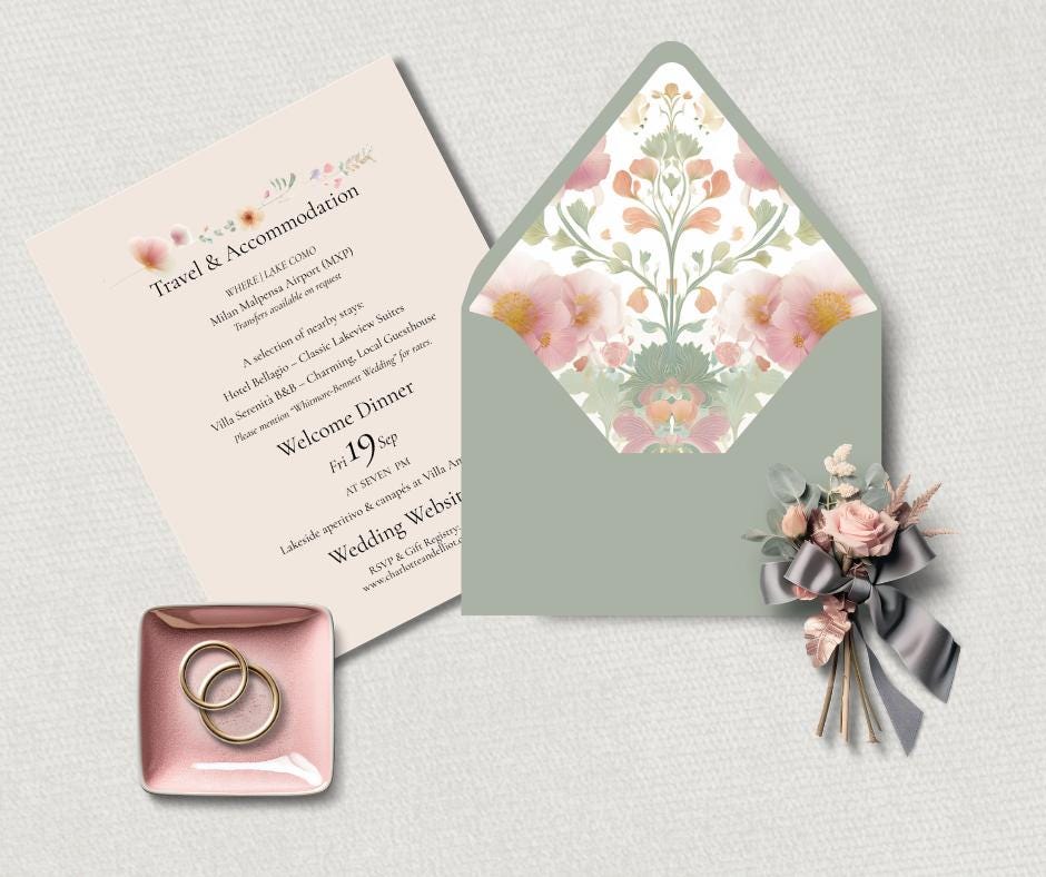 Peach And Green Wedding Invitation Set. Botanical Wedding Invite Suite, Instant Download Templates.