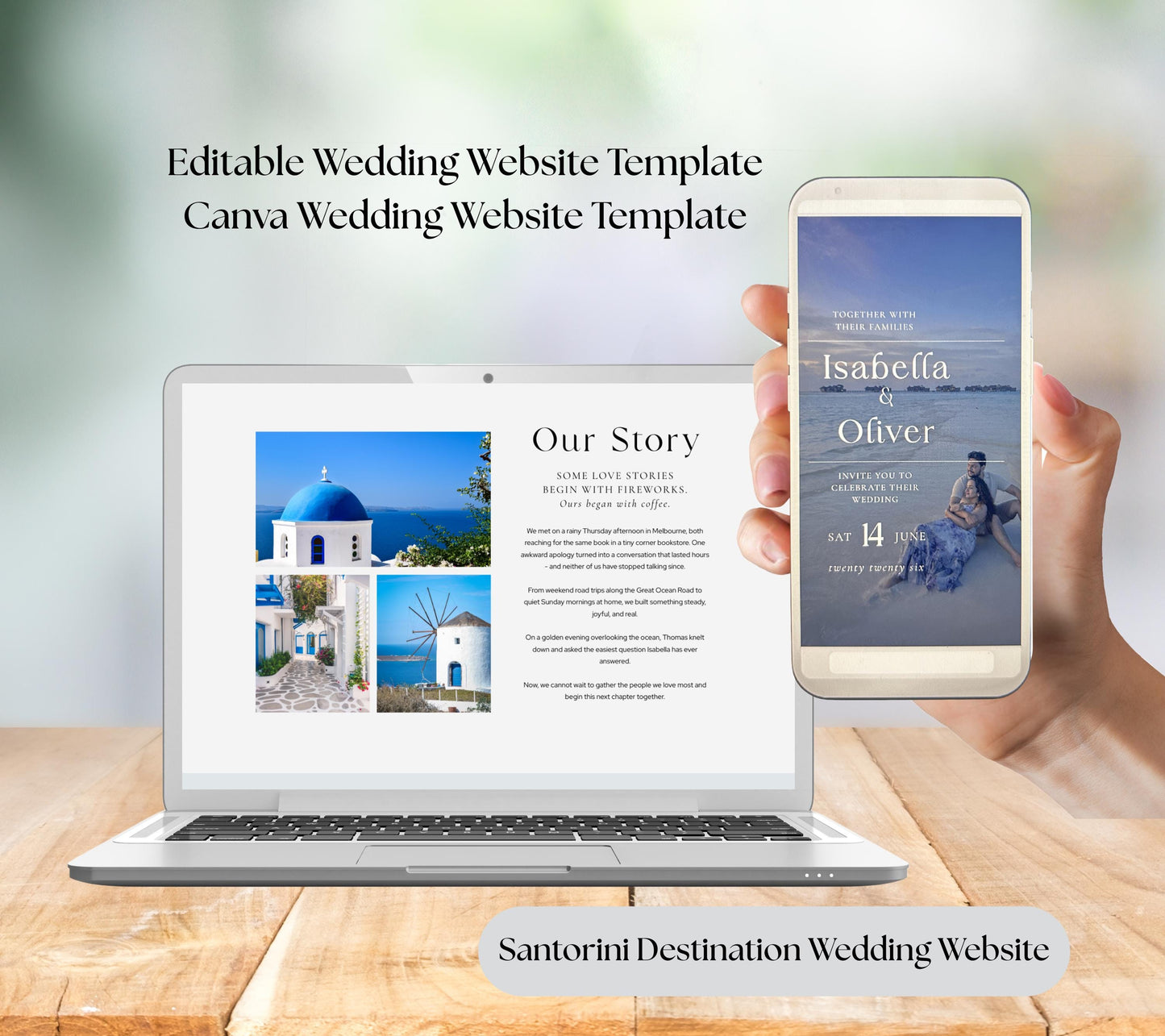 Santorini Wedding Website Template, Greek Destination Wedding Site, Editable Canva RSVP Page.