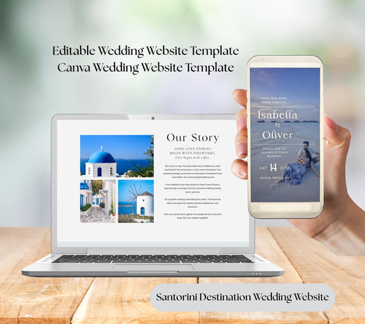 Santorini Wedding Website Template, Greek Destination Wedding Site, Editable Canva RSVP Page.
