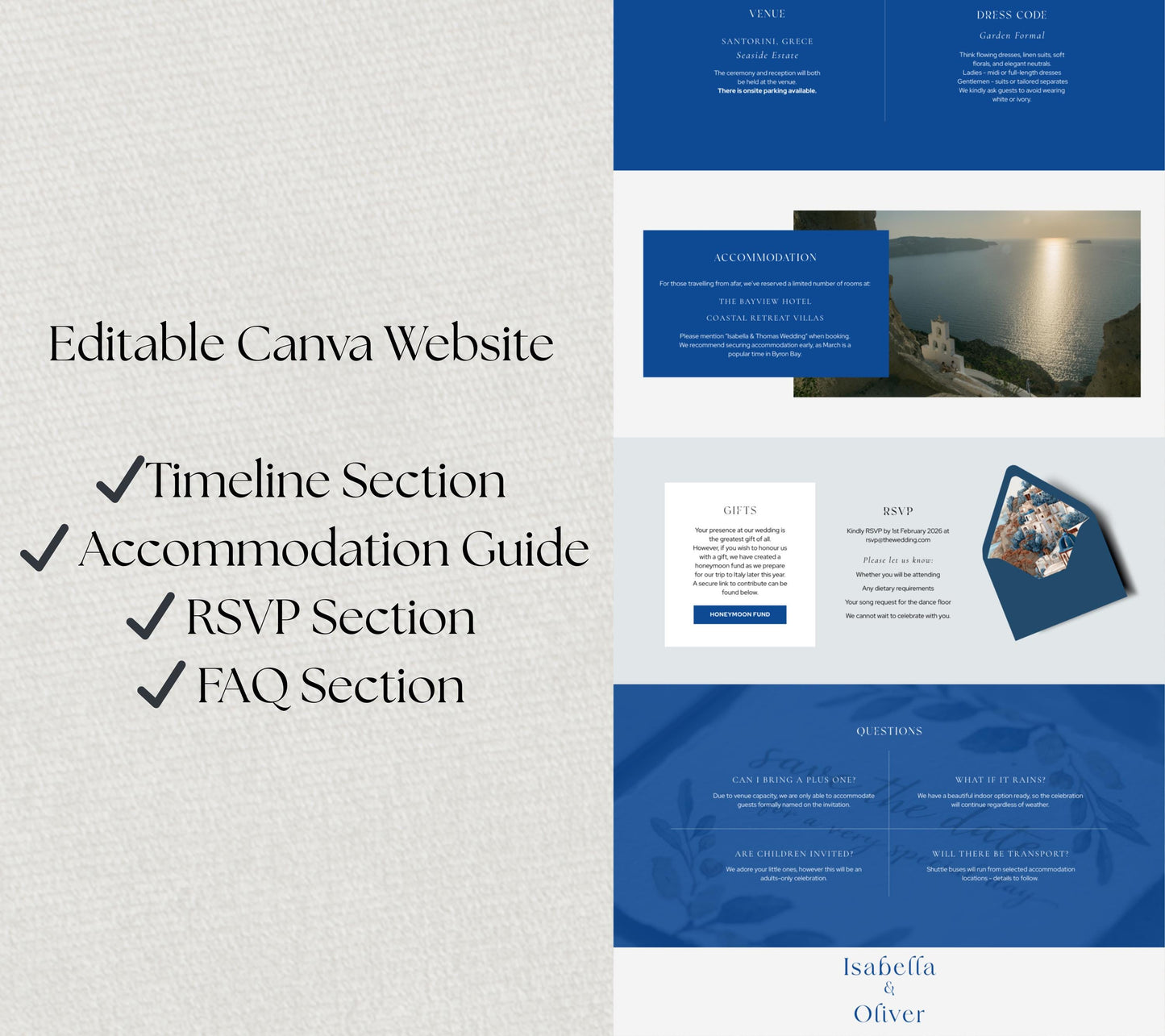Santorini Wedding Website Template, Greek Destination Wedding Site, Editable Canva RSVP Page.