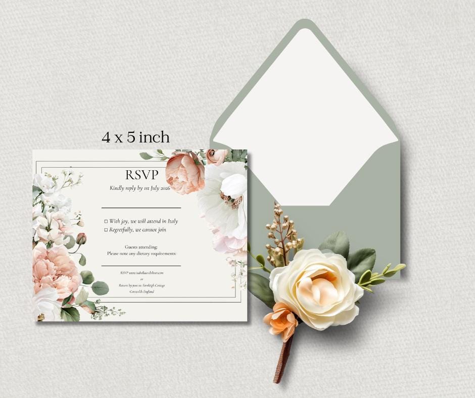 Peaches And Cream Wedding Invitation. Watercolour Floral Design, Instant Download Editable Template.