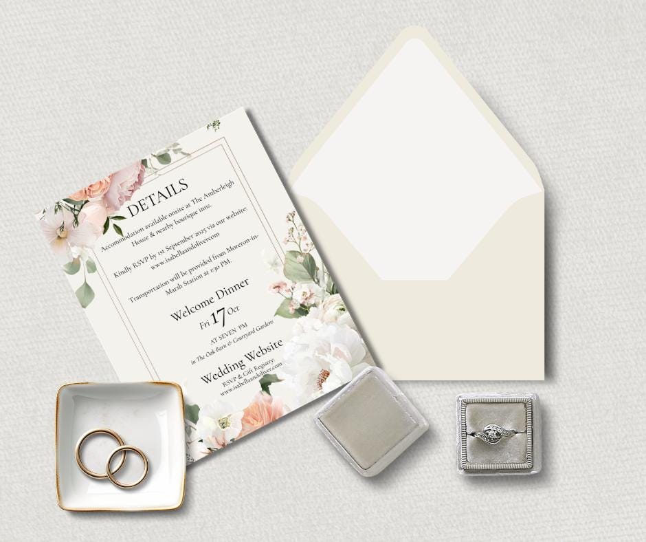 Peaches And Cream Wedding Invitation. Watercolour Floral Design, Instant Download Editable Template.