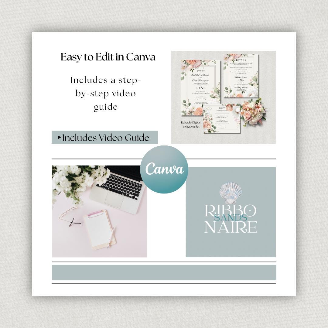 Peaches And Cream Wedding Invitation. Watercolour Floral Design, Instant Download Editable Template.