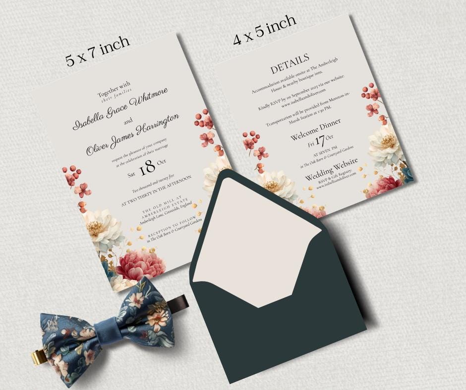 Autumn Wedding Invitation Set, Printable Floral Invite, Rustic Fall Design, Editable Canva Template Download