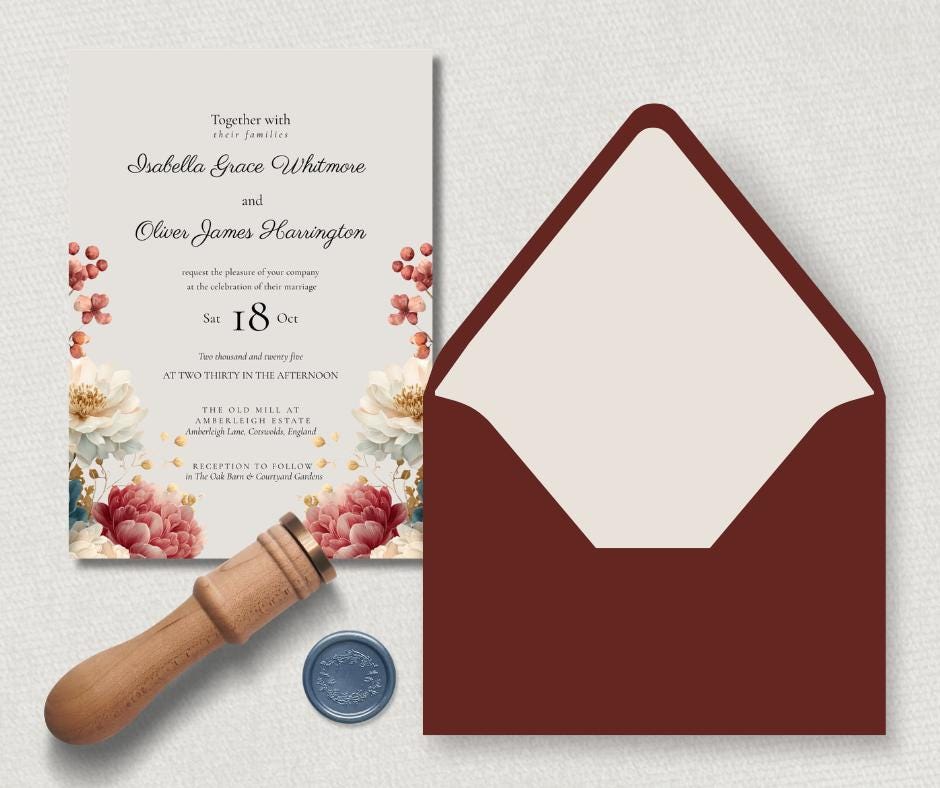 Autumn Wedding Invitation Set, Printable Floral Invite, Rustic Fall Design, Editable Canva Template Download