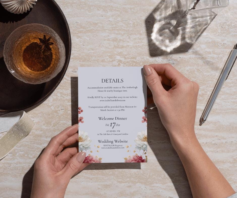 Autumn Wedding Invitation Set, Printable Floral Invite, Rustic Fall Design, Editable Canva Template Download