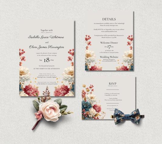 Autumn Wedding Invitation Set, Printable Floral Invite, Rustic Fall Design, Editable Canva Template Download