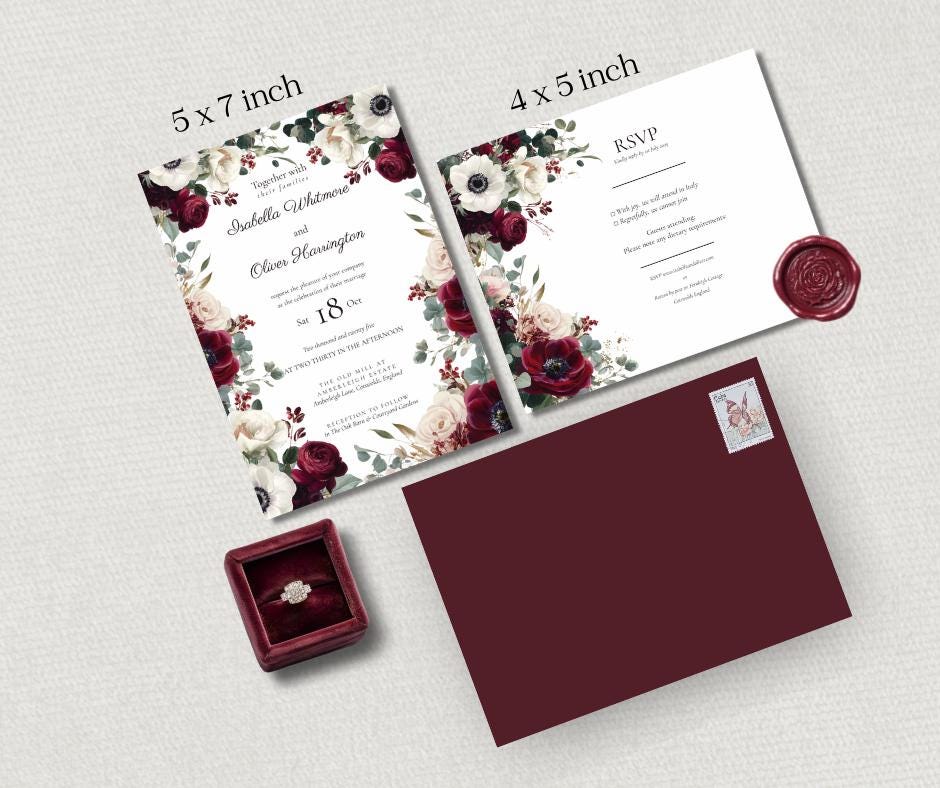 Burgundy Wedding Invitation Set. Luxurious Olive Green, Cream and Red Canva Digital Download Template.