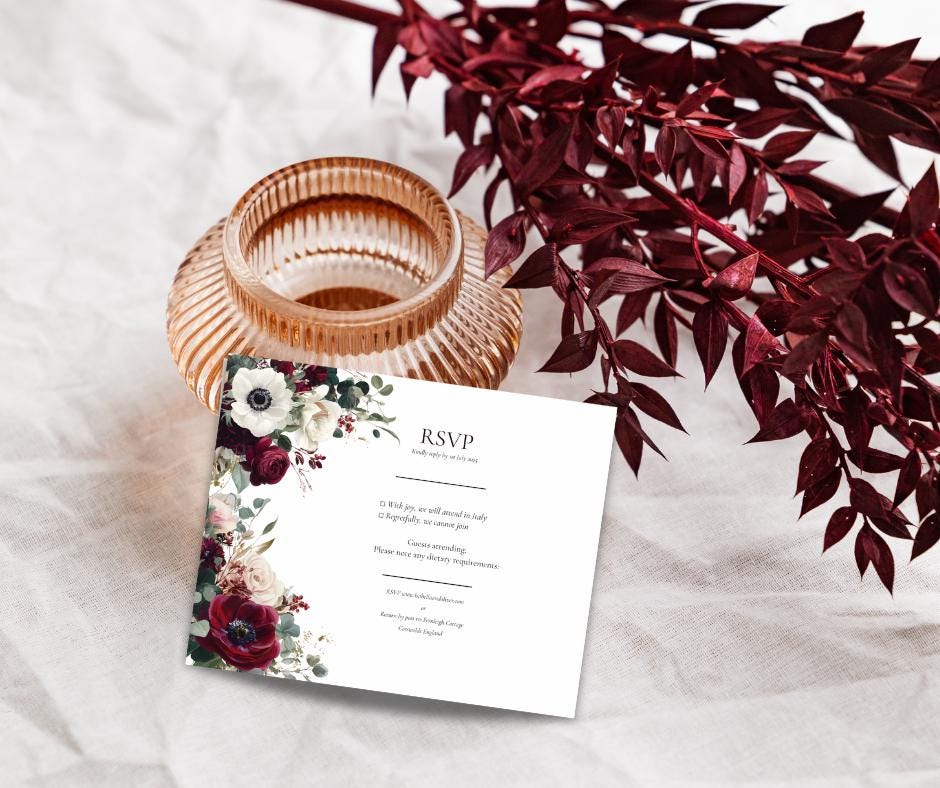 Burgundy Wedding Invitation Set. Luxurious Olive Green, Cream and Red Canva Digital Download Template.