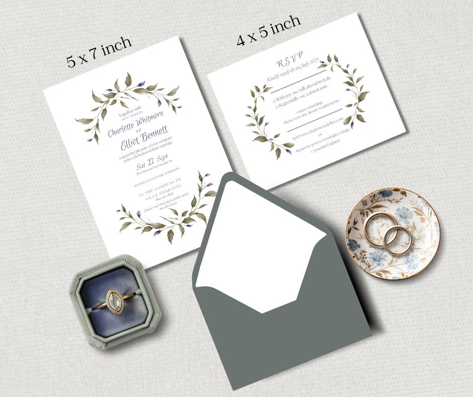Green And Blue Leaf design Wedding Invitation Set Elegant Minimalist Style. Editable Canva Template.
