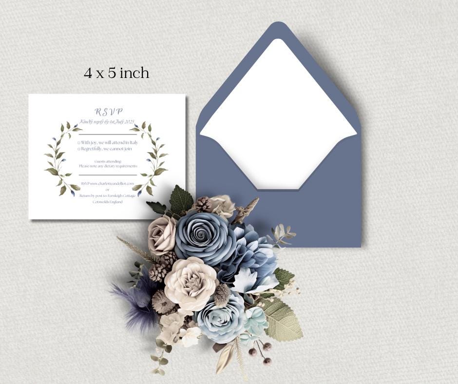 Green And Blue Leaf design Wedding Invitation Set Elegant Minimalist Style. Editable Canva Template.