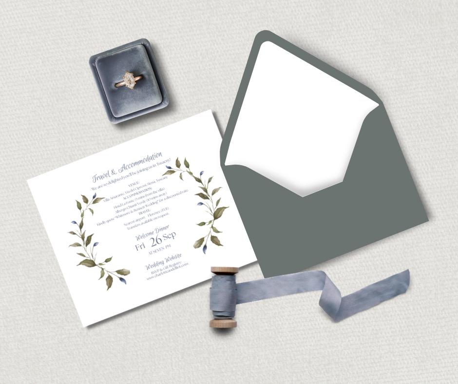 Green And Blue Leaf design Wedding Invitation Set Elegant Minimalist Style. Editable Canva Template.