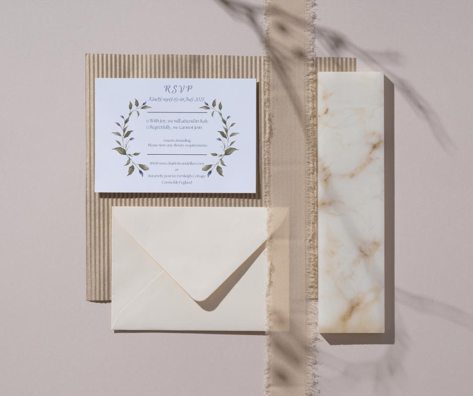 Green And Blue Leaf design Wedding Invitation Set Elegant Minimalist Style. Editable Canva Template.