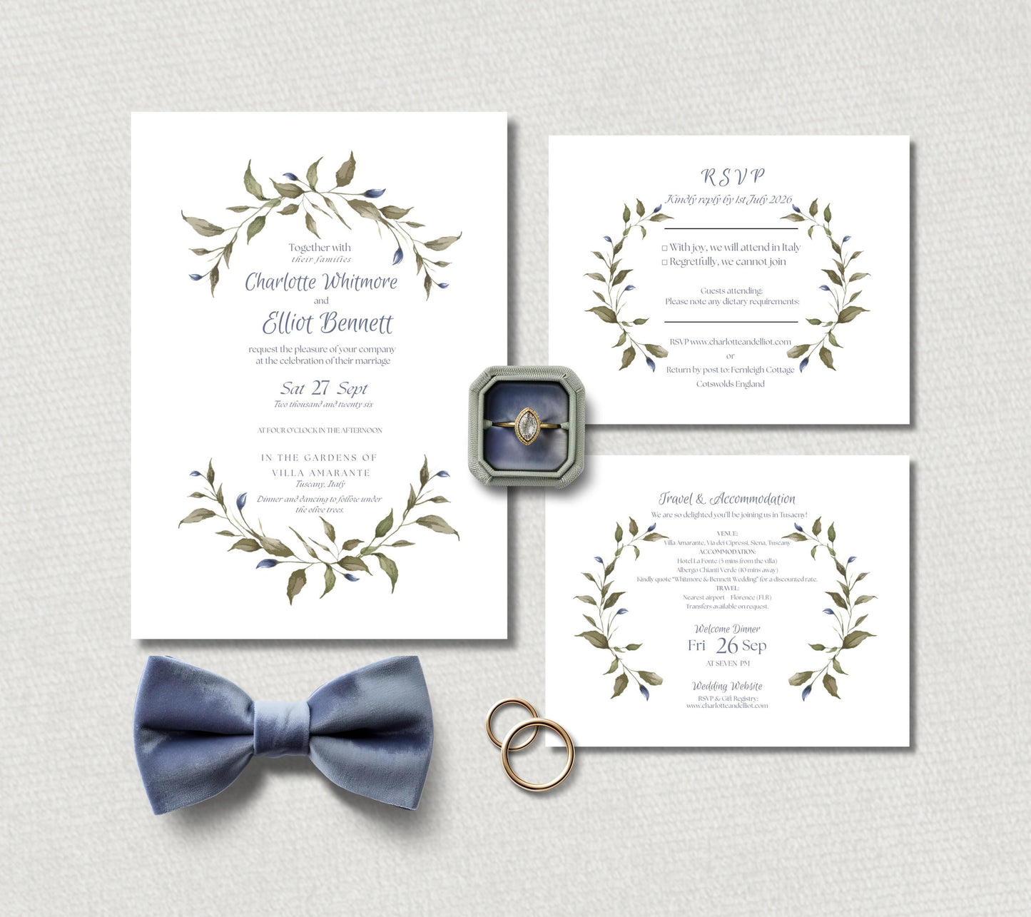 Green And Blue Leaf design Wedding Invitation Set Elegant Minimalist Style. Editable Canva Template.