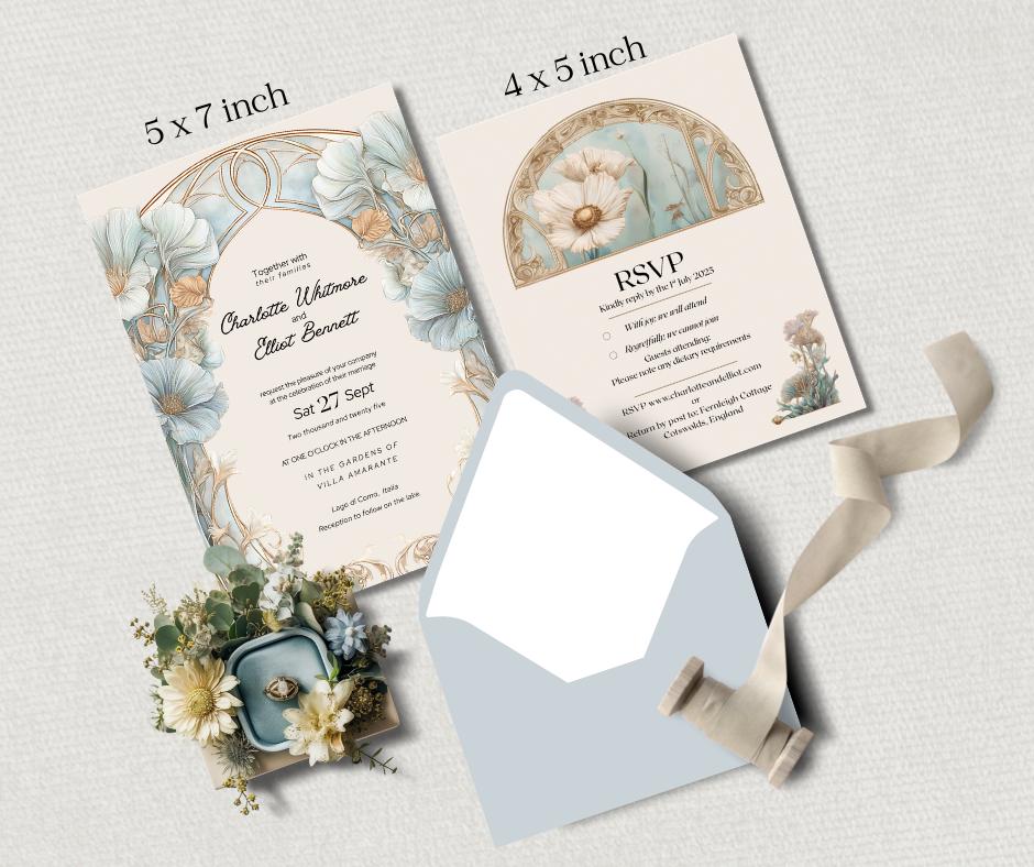 Art Nouveau Wedding Invitation Template, Botanical Arch Invite Set. Canva Download. Italian Destination Design.