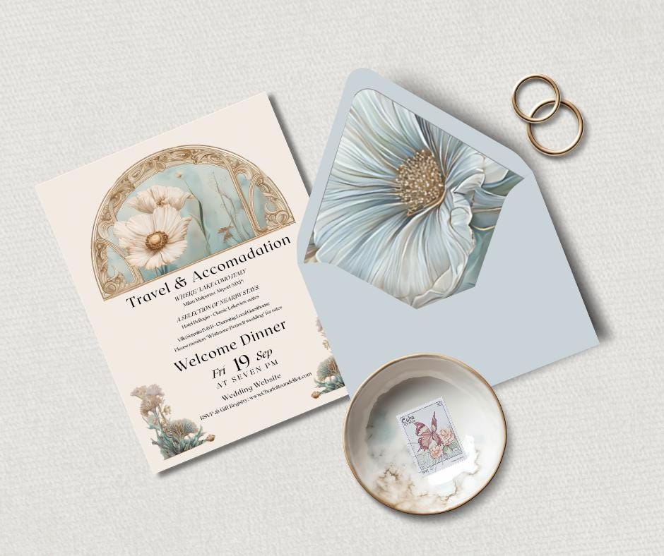 Art Nouveau Wedding Invitation Template, Botanical Arch Invite Set. Canva Download. Italian Destination Design.