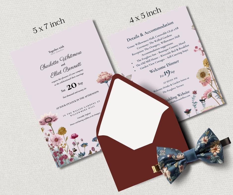 Pink Garden Wildflower Wedding Set, Editable Floral Invitation Template, Digital Download for Botanical Weddings.