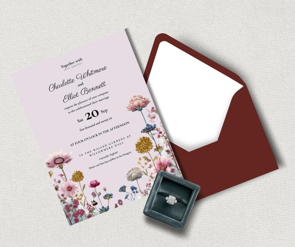Pink Garden Wildflower Wedding Set, Editable Floral Invitation Template, Digital Download for Botanical Weddings.