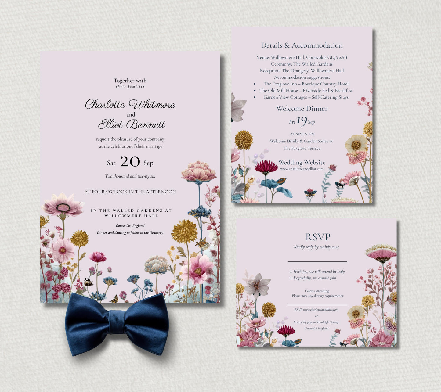 Pink Garden Wildflower Wedding Set, Editable Floral Invitation Template, Digital Download for Botanical Weddings.