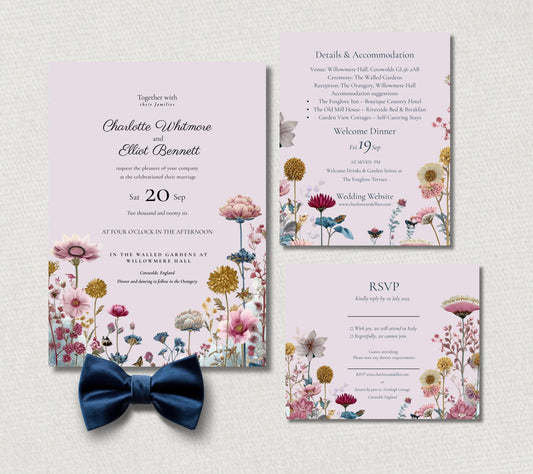 Pink Garden Wildflower Wedding Set, Editable Floral Invitation Template, Digital Download for Botanical Weddings.