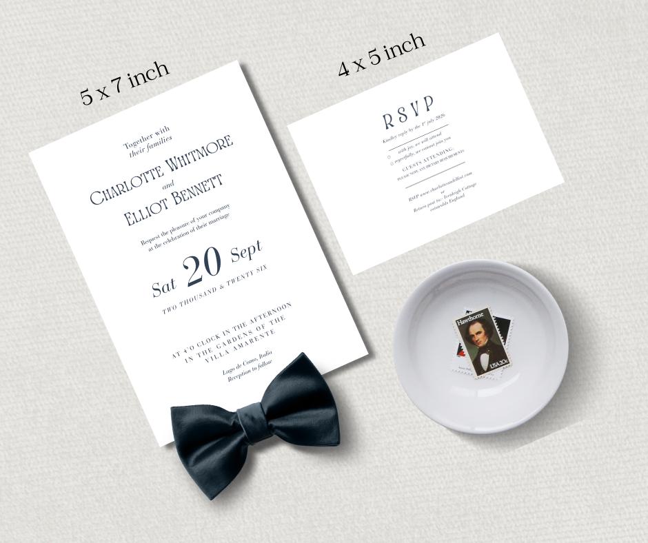 Navy And White Minimalist Wedding Invite Set. Personalised Elegant Wedding Details Card.