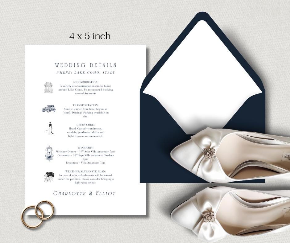 Navy And White Minimalist Wedding Invite Set. Personalised Elegant Wedding Details Card.