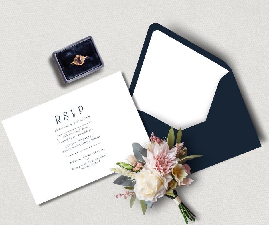 Navy And White Minimalist Wedding Invite Set. Personalised Elegant Wedding Details Card.