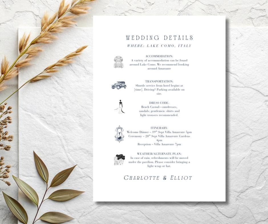 Navy And White Minimalist Wedding Invite Set. Personalised Elegant Wedding Details Card.