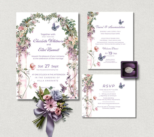 Summer Garden Botanical Wedding Stationary.  Pink Floral Arch Invitation Set. Canva Digital Download.