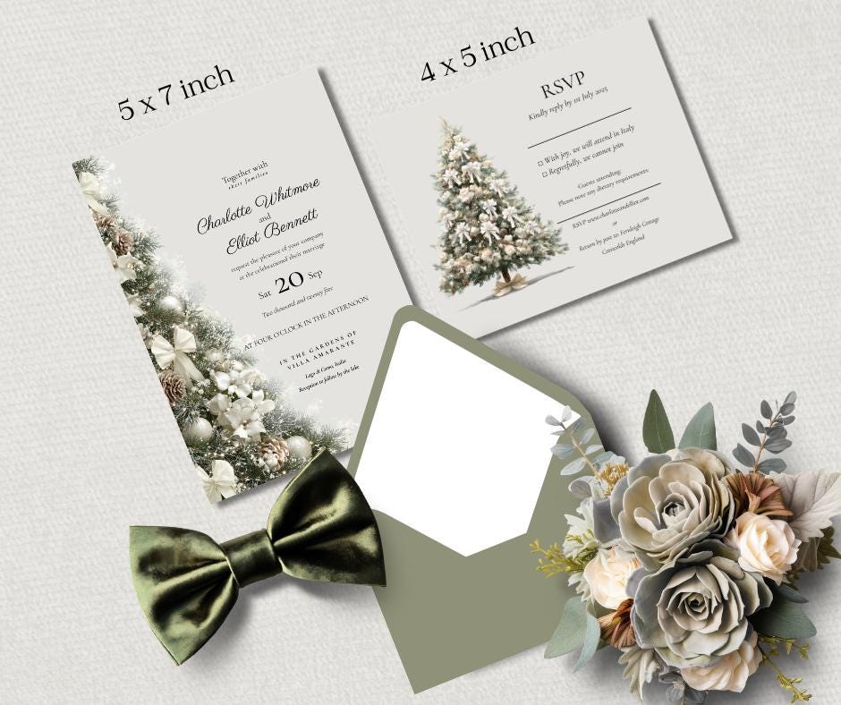 Christmas wedding invite set, winter holiday-themed stationery, elegant customizable design with green envelope.