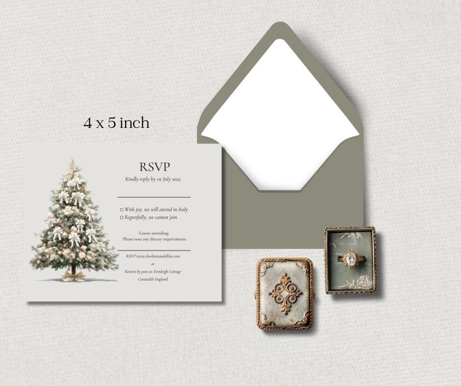Elegant RSVP card featuring a Christmas tree design, paired with a matching cream envelope, measuring 4 x 5 inches.