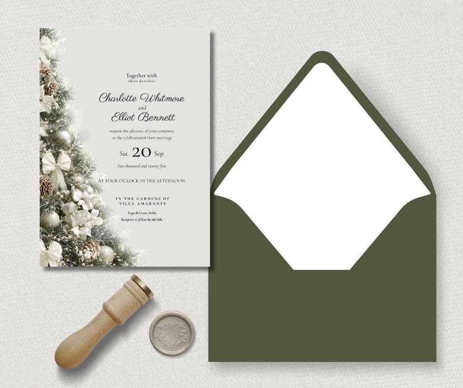 The image features a Christmas wedding invitation with a muted green envelope and holiday-themed accents like a Christmas tree design. The colors are green, cream, and gold, contributing to an elegant and festive appearance.