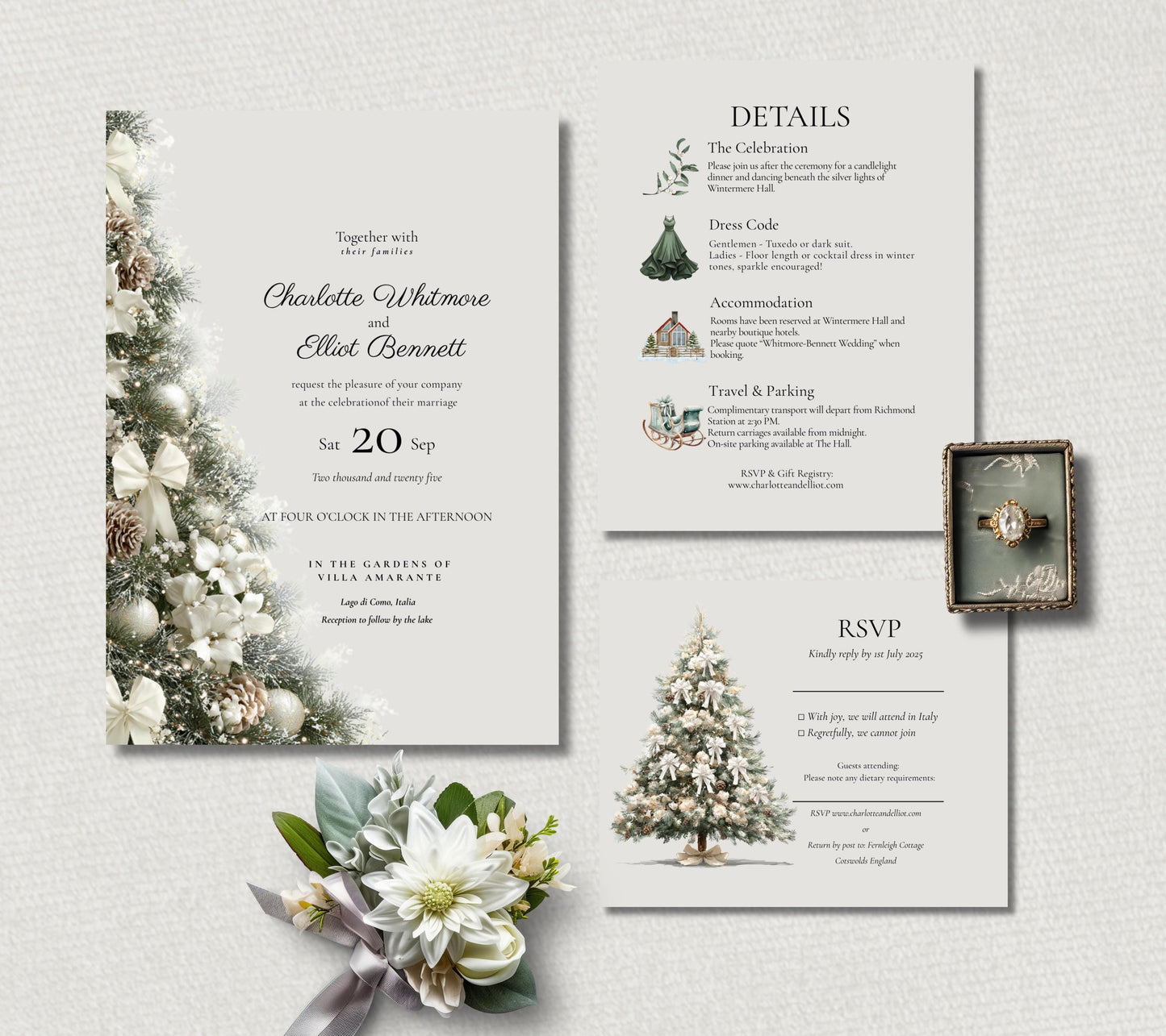A Christmas-themed wedding invitation set. It includes an invitation, details card, and RSVP card, all featuring a Christmas tree motif. The colour palette consists of green, cream, and gold, adding a festive yet sophisticated touch.