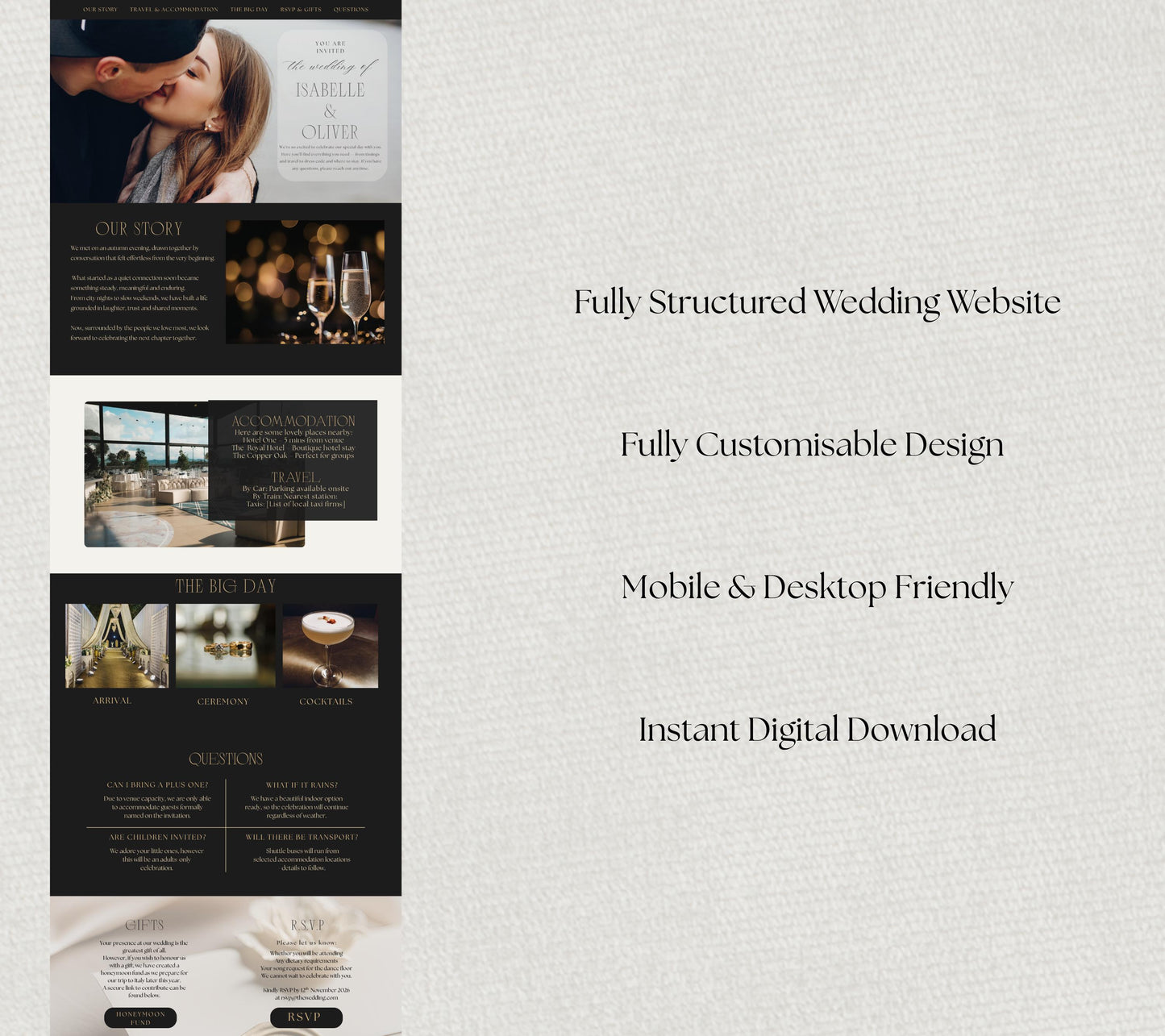Black Gold Wedding Site Template, Canva Editable, Elegant Bridal Website, RSVP Page.