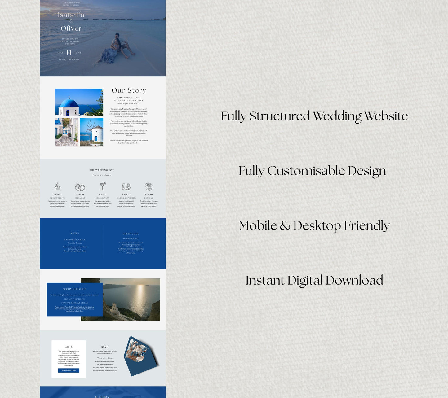 Santorini Wedding Website Template, Greek Destination Wedding Site, Editable Canva RSVP Page.