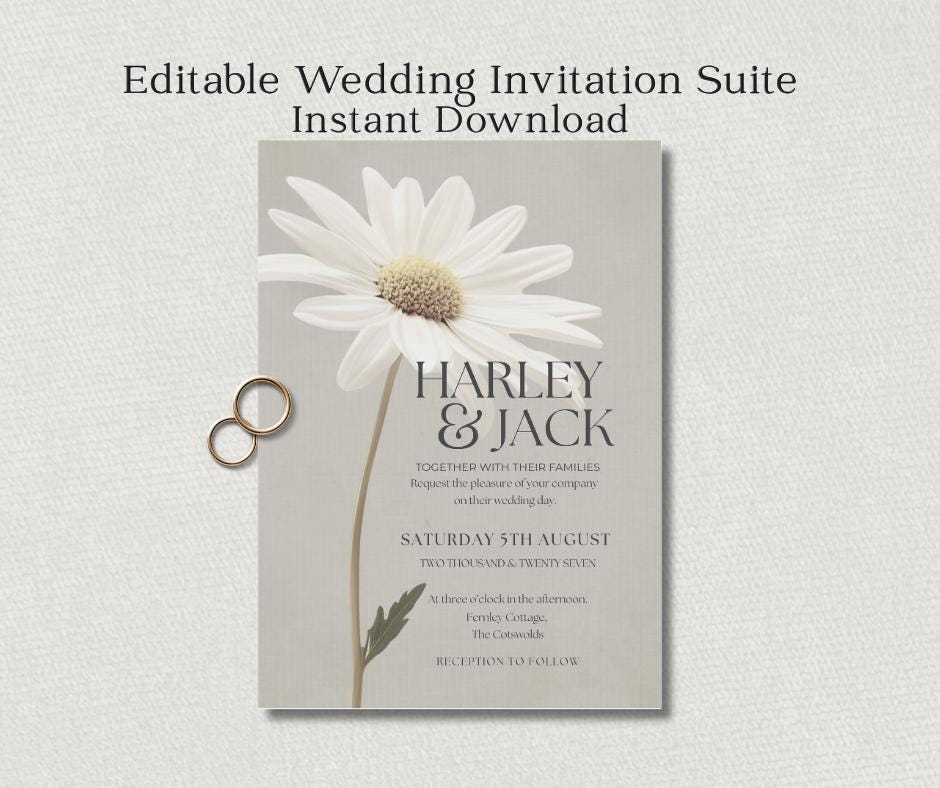 Daisy Wedding Invitation Suite. Botanical Invite Template, Printable Canva RSVP, Details, Menu Card Set.