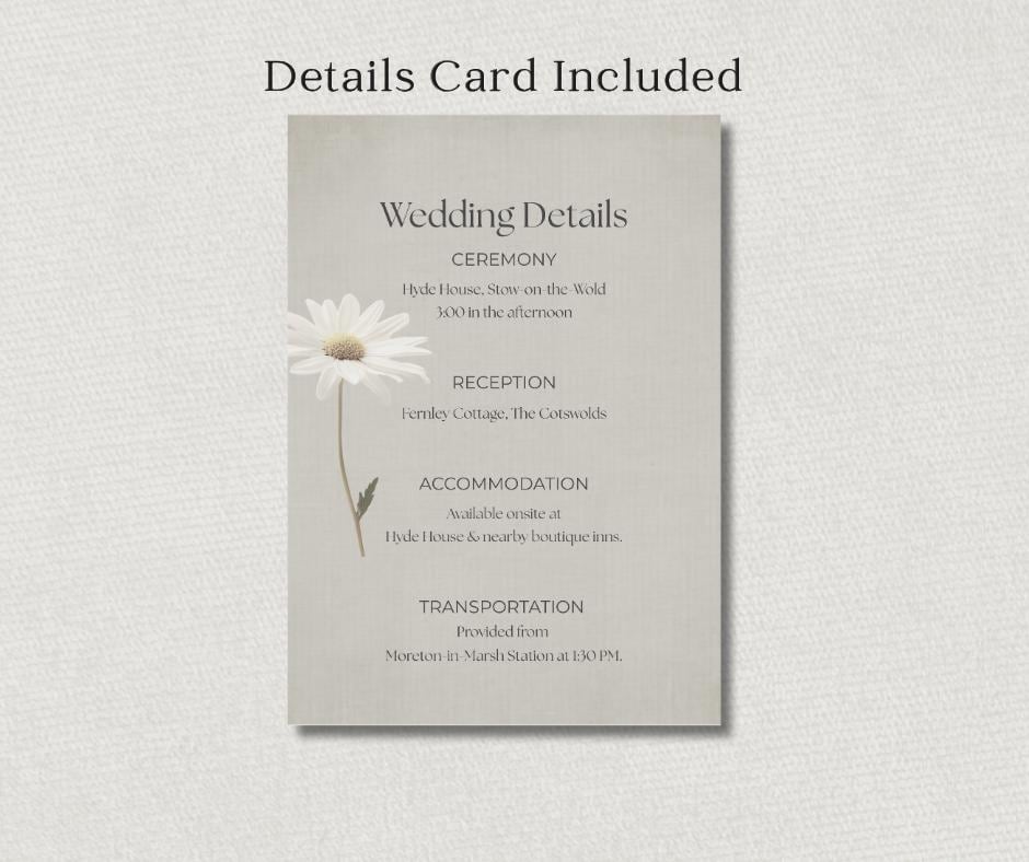 Daisy Wedding Invitation Suite. Botanical Invite Template, Printable Canva RSVP, Details, Menu Card Set.
