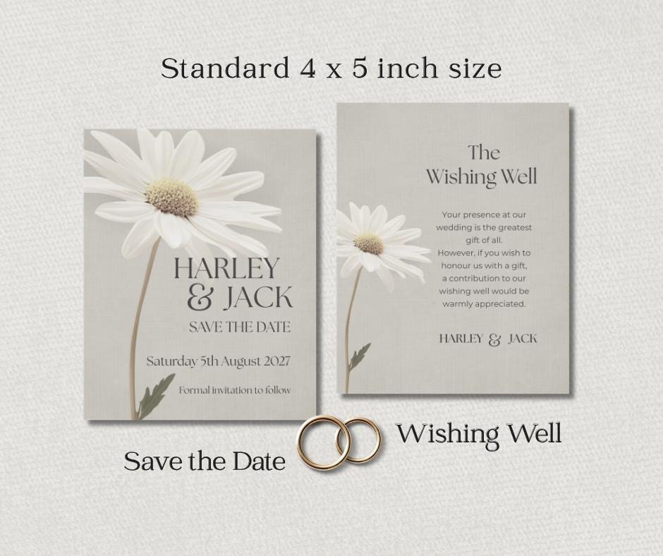 Daisy Wedding Invitation Suite. Botanical Invite Template, Printable Canva RSVP, Details, Menu Card Set.