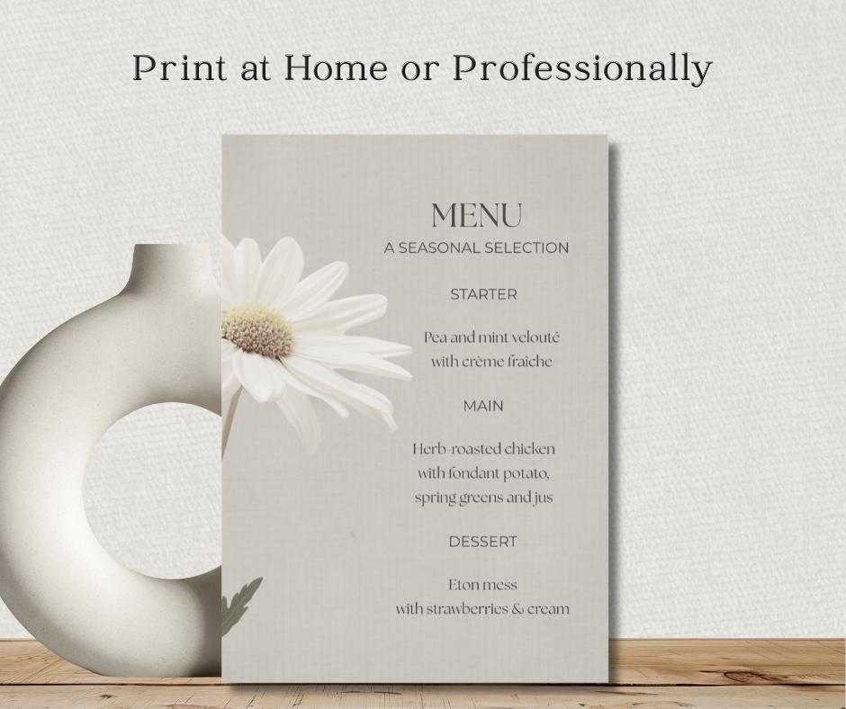 Daisy Wedding Invitation Suite. Botanical Invite Template, Printable Canva RSVP, Details, Menu Card Set.