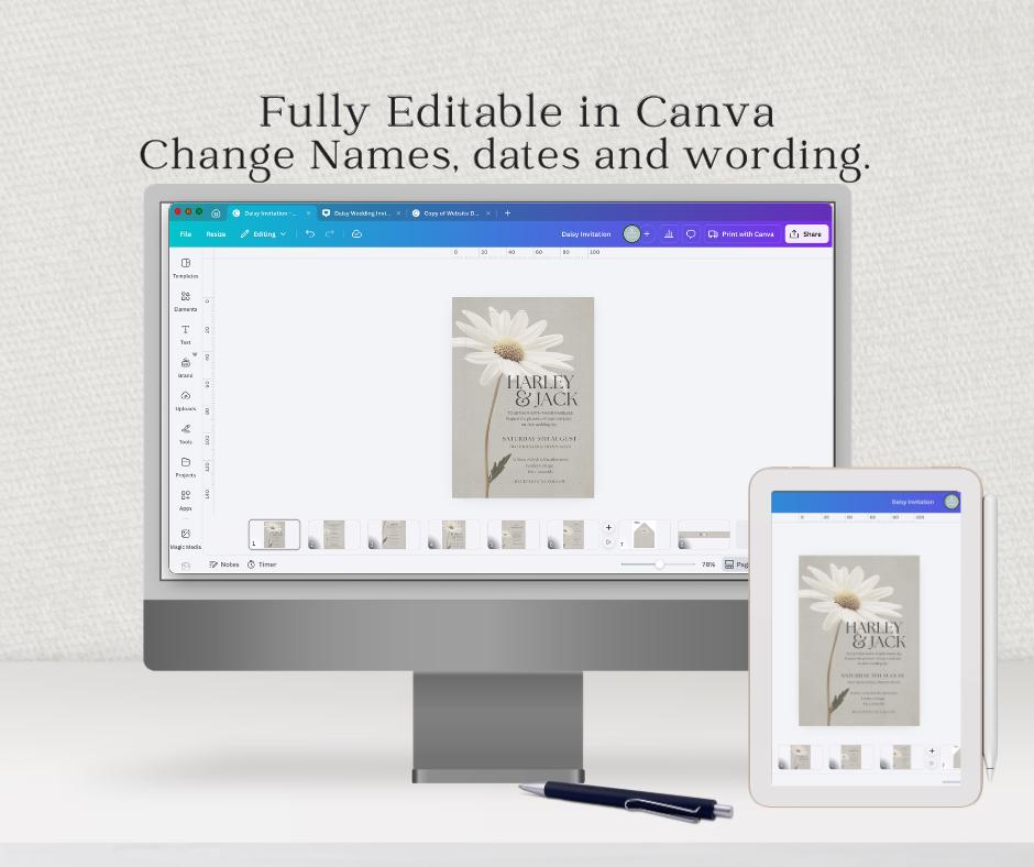 Daisy Wedding Invitation Suite. Botanical Invite Template, Printable Canva RSVP, Details, Menu Card Set.