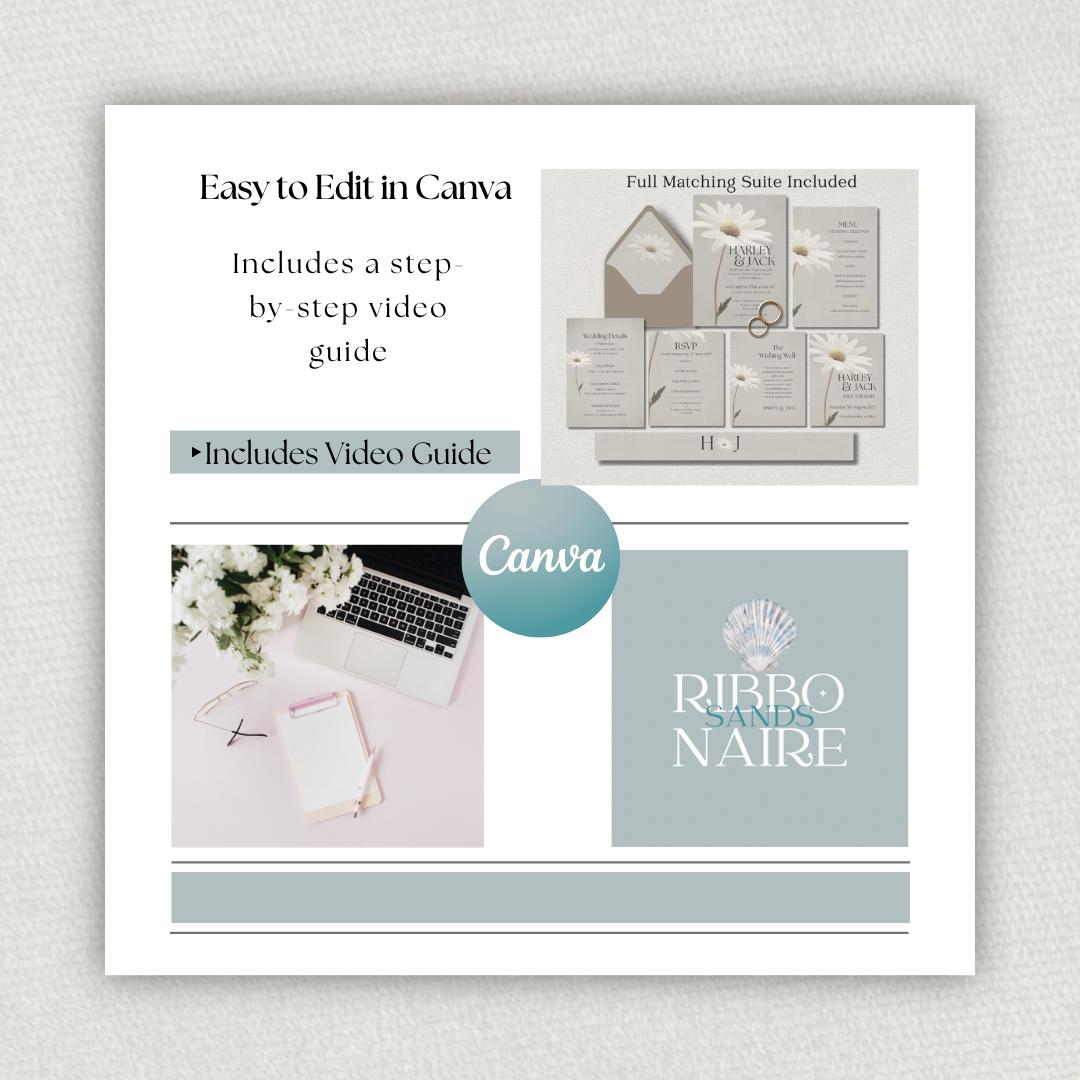 Daisy Wedding Invitation Suite. Botanical Invite Template, Printable Canva RSVP, Details, Menu Card Set.