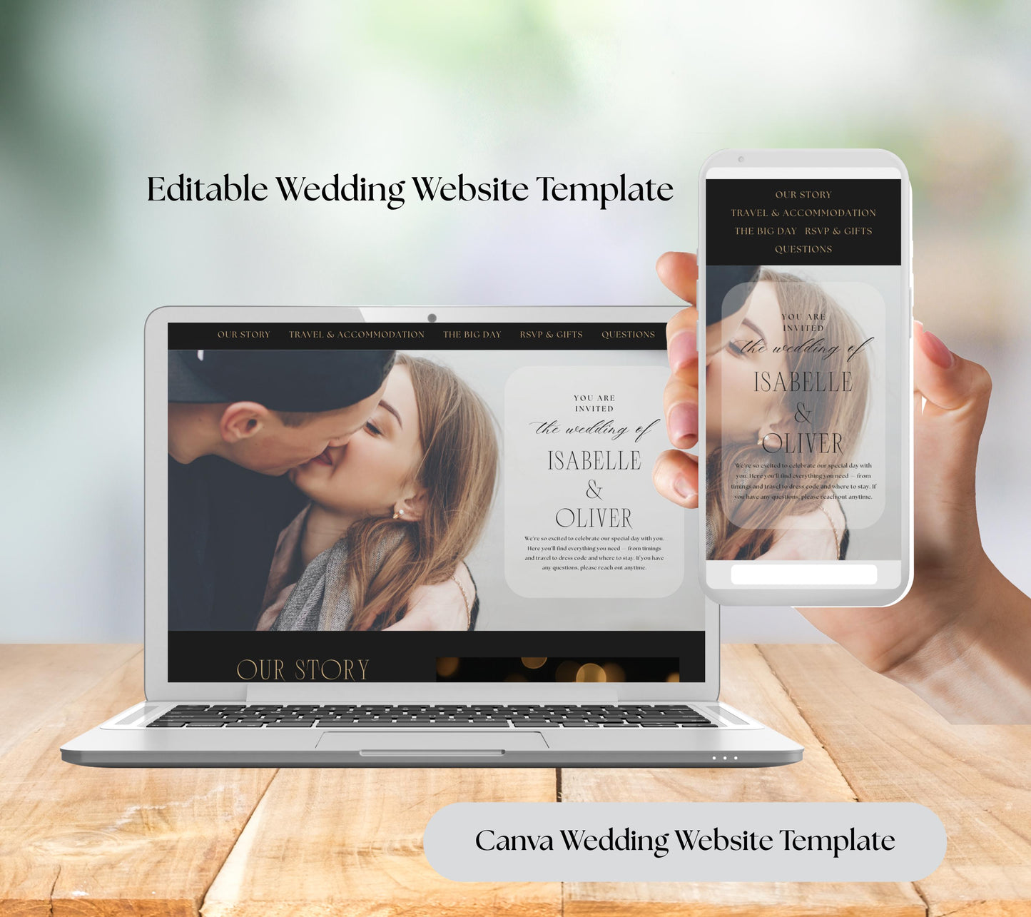 Black Gold Wedding Site Template, Canva Editable, Elegant Bridal Website, RSVP Page.